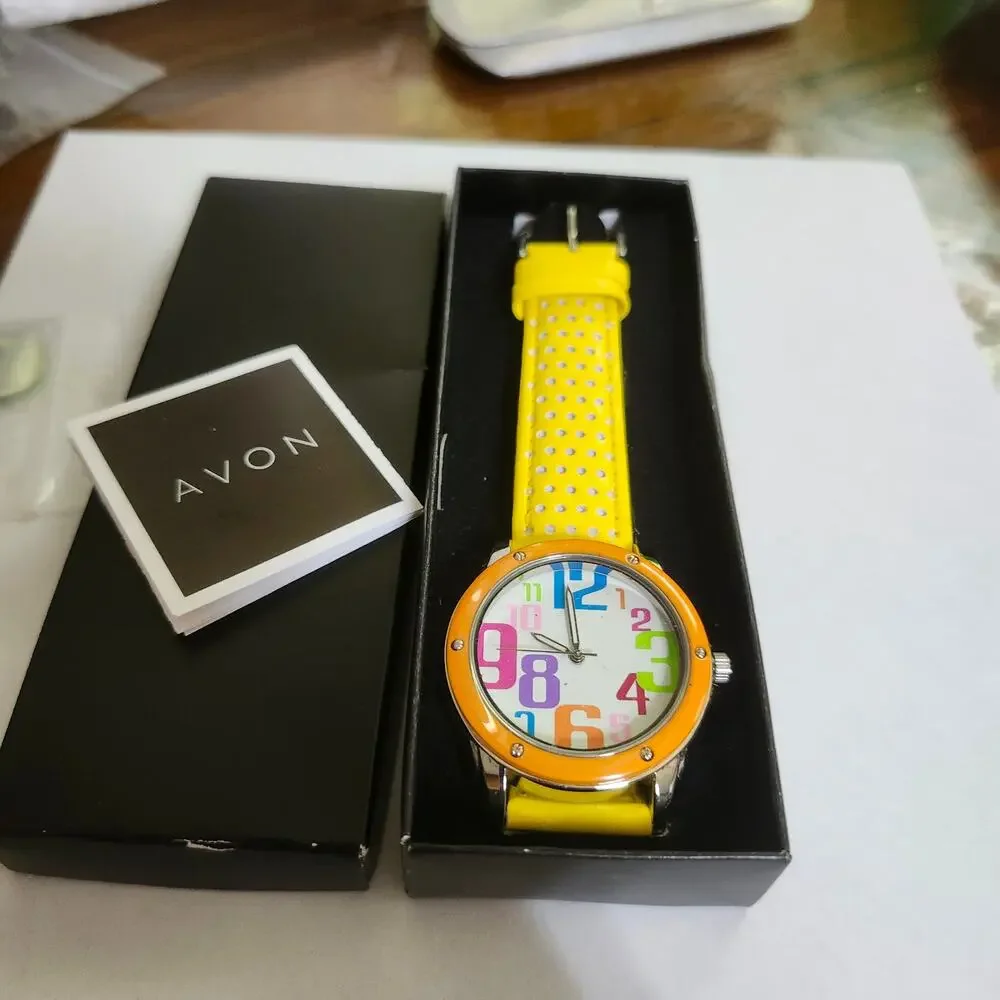 NIB Avon Colorful Rainbow Pop Art Number Dial Yellow Quartz Watch